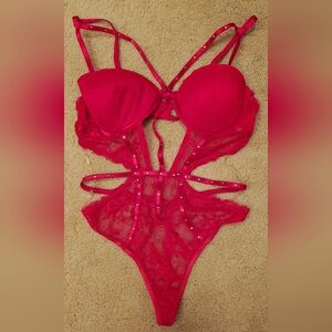 Body Rage Sweet Red Cut Out & Cage Style Teddy Thong Lingerie Bodysuit w Studs.
